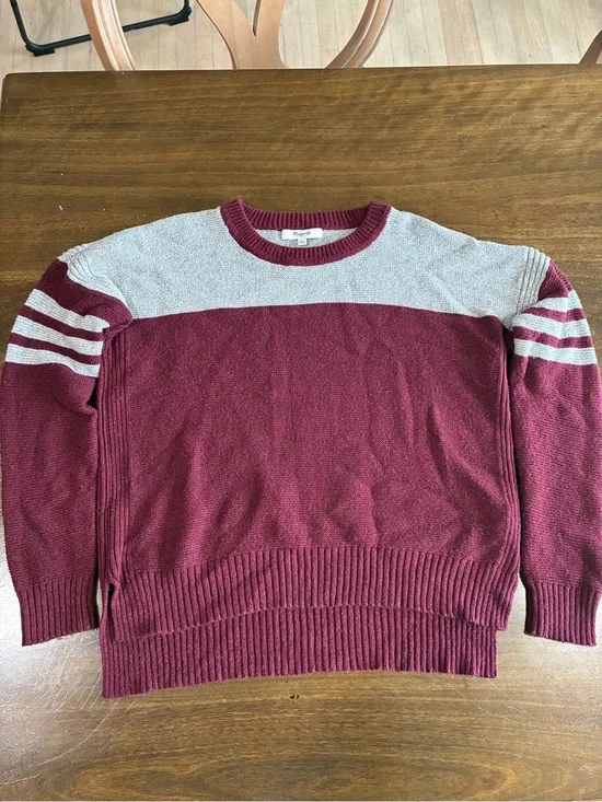 Madewell Maroon and Preppy Light Gray Colorblock Striped Crewneck Sweater XS