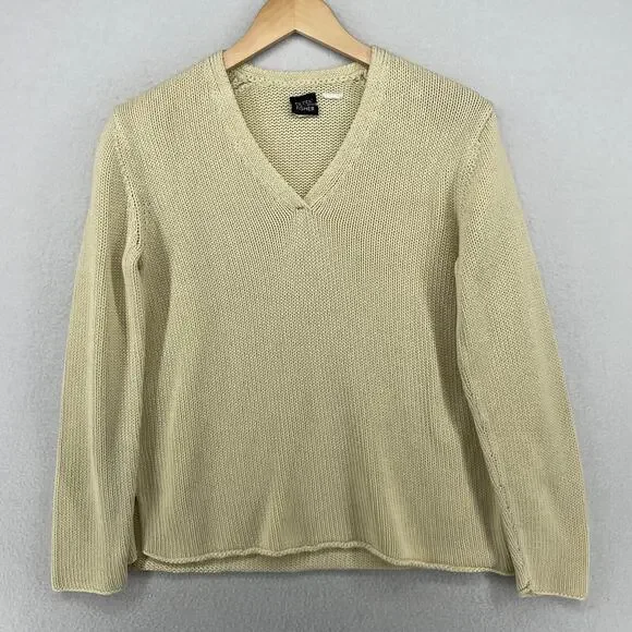 EILEEN FISHER Sweater S Cotton Chunky V-Neck Rolled Hem Pullover Off White VTG