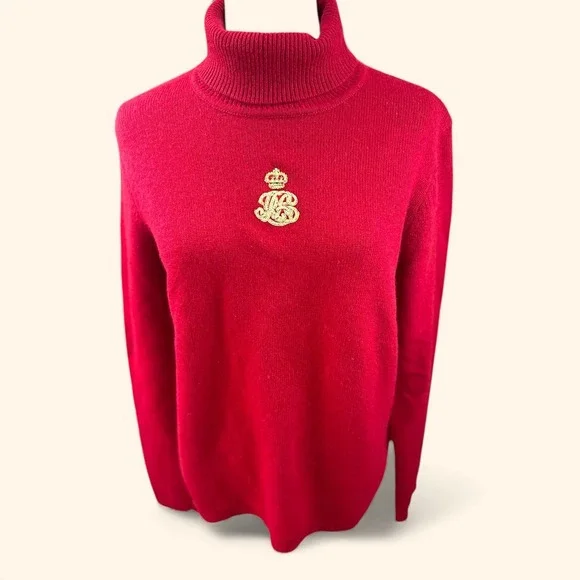 LAUREN Ralph Lauren VTGE Red‎ Cashmere Wool Turtleneck Sweater Crown Logo SZ LGE