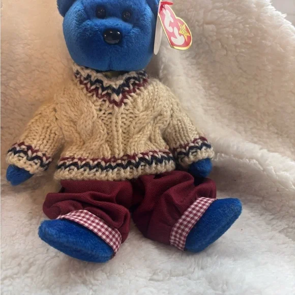 TY‎ Beanie Babies “Clubby” Blue Bear with Knit Sweater and Red Pants.