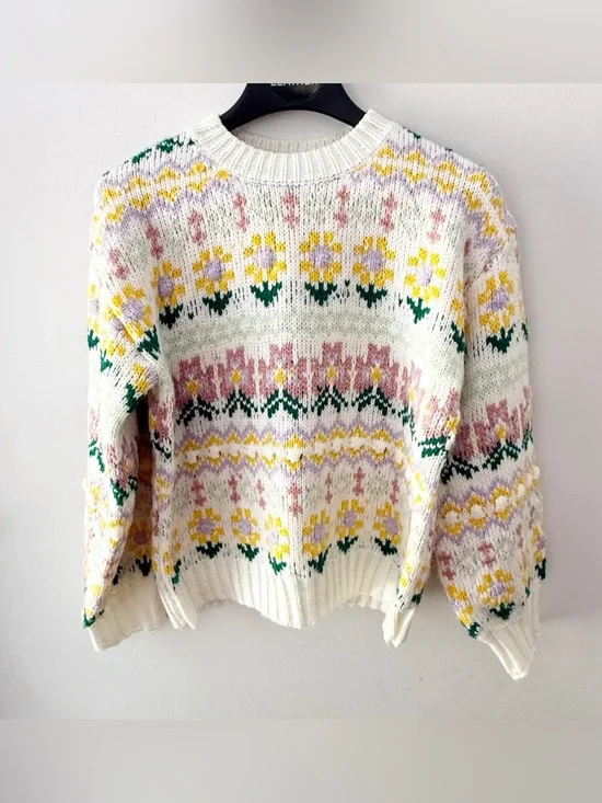 Easel Women Floral Fair Isle Nordic Sweater Cozy‎ Cabin Comfy Cottage Granny