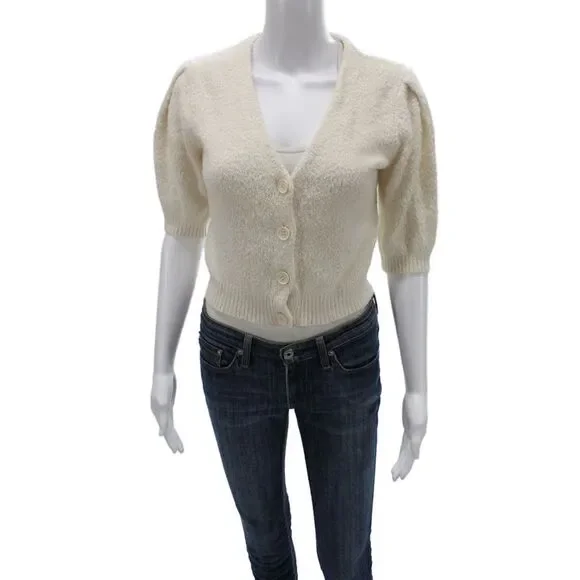 Reformation Womens Ivory V-Neck Short Sleeve Cardigan Organic Cotton Size S
