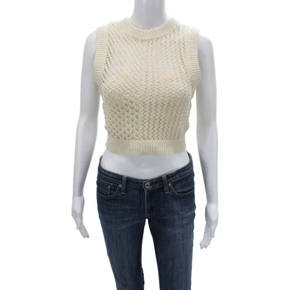 A.L.C. Womens Cropped Tank Ivory Cotton Crew Neck Boho Size S