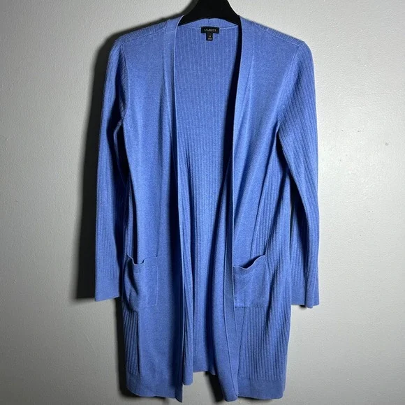 TALBOTS Women's Blue Ribbed‎ Knit Long Open Front Cardigan Sweater Size S