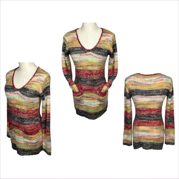 Vtg Y2K Rainbow Striped Tunic Sweater Sz S V Neck Hippie Indie Boho‎