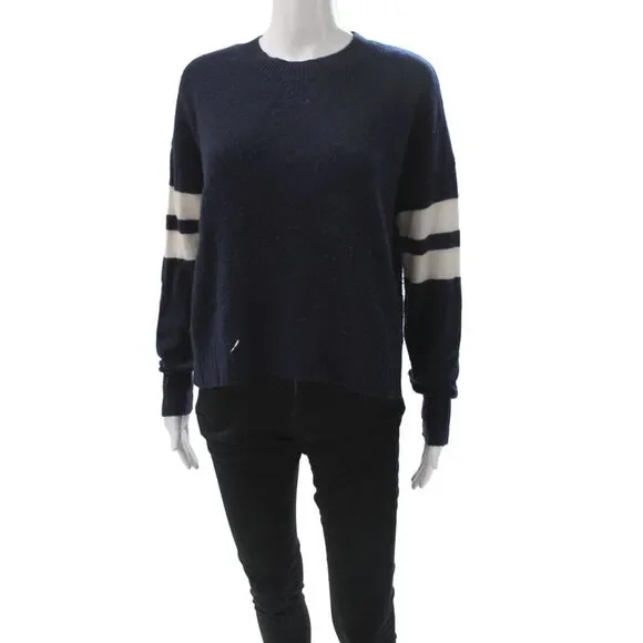 Minnie Rose Womens 100% Cashmere Striped Pullover Sweater Crew Neck Blue Size S