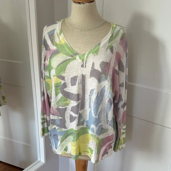 NWT Kinross‎ Multicolor Abstract Linen Sweater