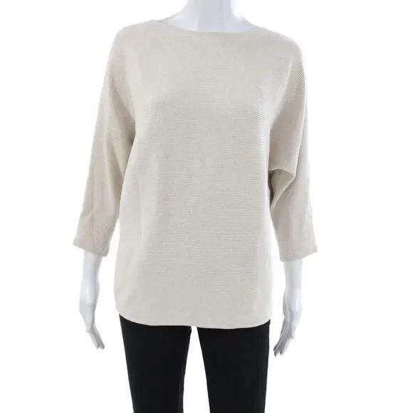R Label Women Pullover Sweater Boat Neck 3/4 Sleeve Beige 34% Cotton Size S
