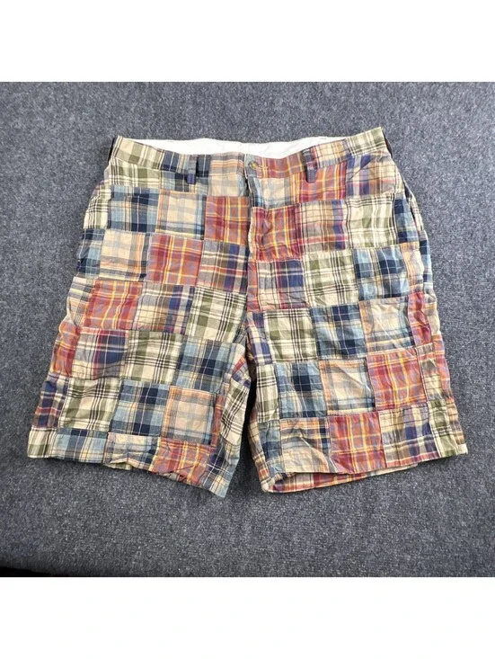 Jos A Bank Madras Patchwork Shorts Men 36 Earth Tones Plaid 9” Inseam Preppy Ivy