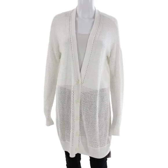Vince Unisex Cardigan Sweater White V Neck Button Long Sleeve Cotton Size M