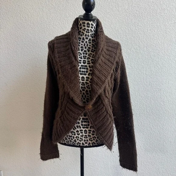 Olivia Sky Brown cable knit cardigan women's size L