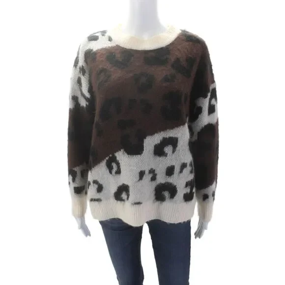 Elan Womens Cotton Round Neck Long Sleeve Animal Printed Sweater White Size XS