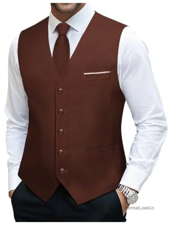 Men's V-Neck Formal Suit Vest and Tie Set 3 Pockets Adjustable Waist Groomsman