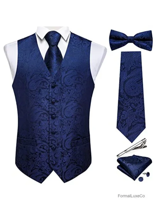 Silk Paisley Vest 6-Piece Set Men's Formal Waistcoat with Tie and Bow Tie