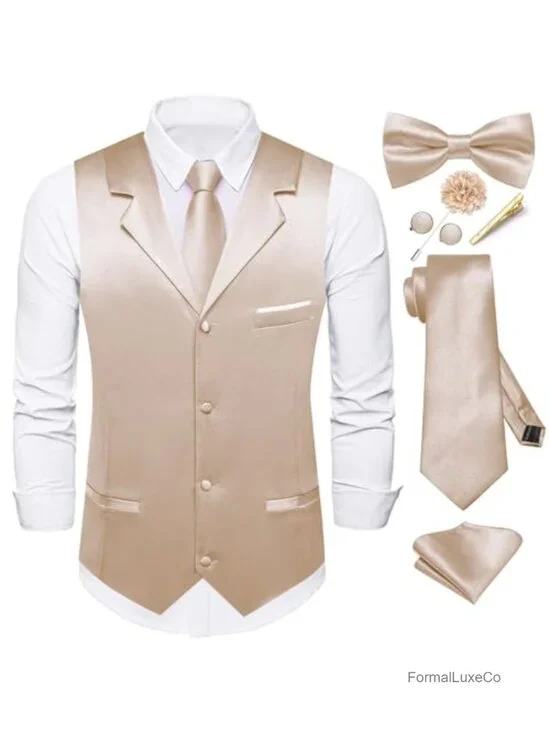 Mens Satin Vest and Tie Set Suit Waistcoat Pre-tied Bowtie Wedding Party