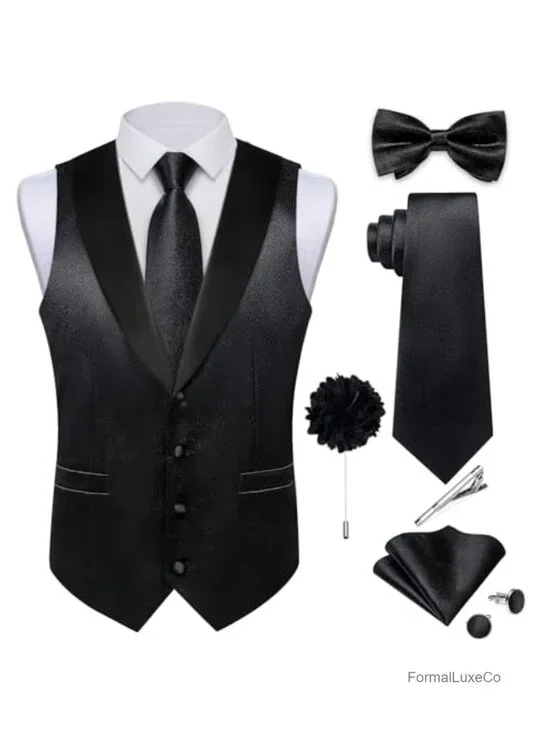 Mens Satin Vest Tie Set Shawl Collar 8 Piece Tuxedo Suit Waistcoat