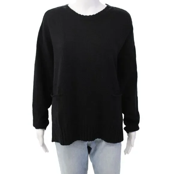 Renuar Womens Front Pockets Crew Neck Pullover Sweater Top Black Size XXL