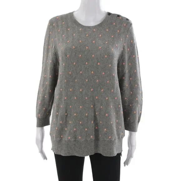 J Crew Collection Unisex Cashmere Herringbone Pullover Gray 3/4 Sleeve Size M