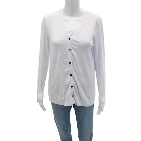 Renuar Women Cardigan V-Neck Button Long Sleeve White Size L