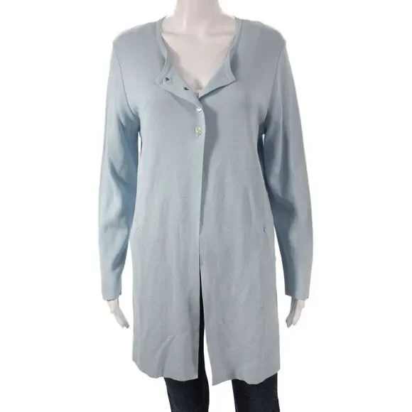 Jennifer T Womens Cardigan Viscose Collared Long Sleeve Blue Solid Size L