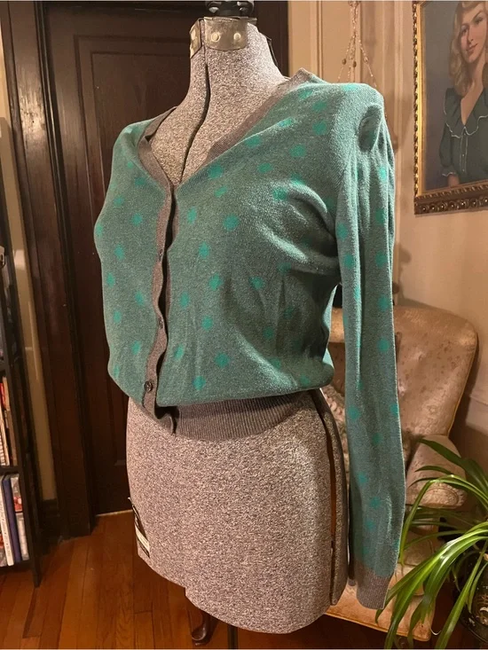 CAbi Green Polka Dot V-Neck Cardigan