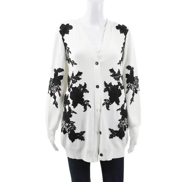 Misook Womens Cardigan V Neck Floral White Ecovero Long Sleeve Size S