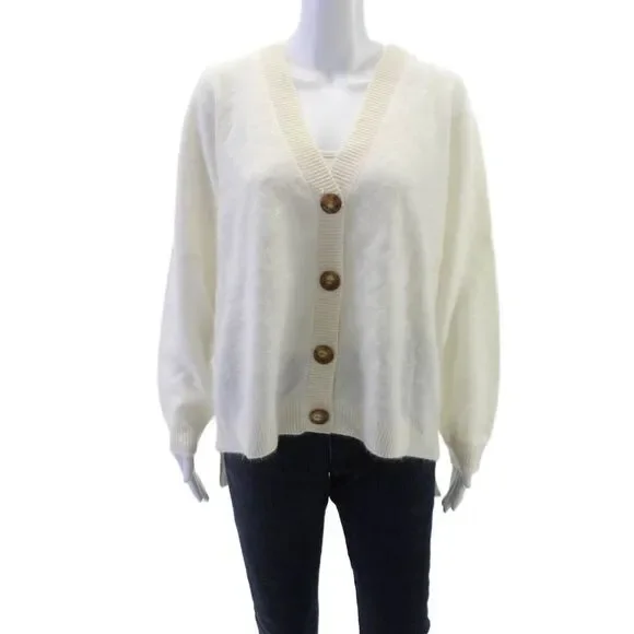 Mia Fratino Womens Cashmere V Neck Cardigan Ivory Long Sleeve Size S