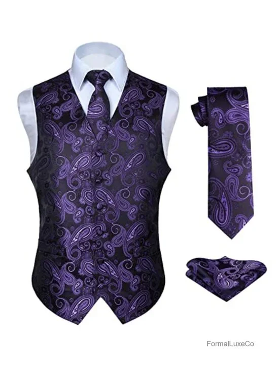 Men's 3-Piece Formal Vest Set with Paisley Jacquard Necktie and Pocket Square