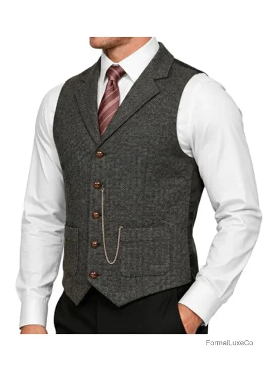 Mens Herringbone Vest Formal Waistcoat Slim Fit Wedding Party