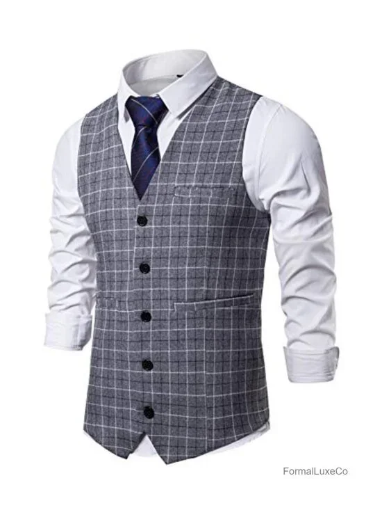 Men's Regular Fit 5 Button Suit Vest Checkered Sleeveless Waistcoat