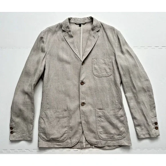 MUJI Men Blazer 100% Linen Jacket Unstructured Pockets Lightweight Coastal -Sz S