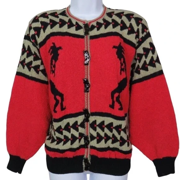 Vintage Felizzi! Women's M Kokopelli Hand Loomed Cotton Cardigan Sweater Red