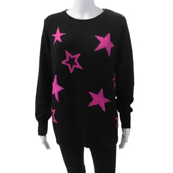 Renuar Womens Long Sleeve Geometric Oversized Pullover Sweater Black Size M
