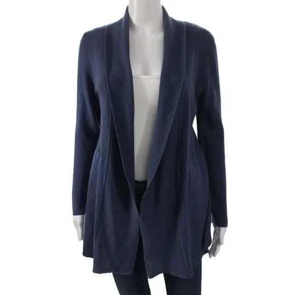 Jennifer T Women Cardigan Collared Long Sleeve Blue 55% Cotton Size M