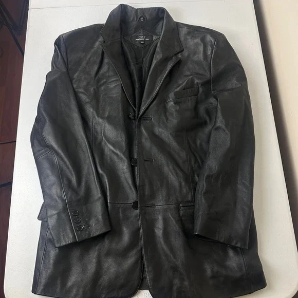 Jones New York Jacket Mens 40R Black Leather Blazer Sport Coat Button Outdoor
