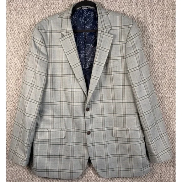 Nautica Mens 46L Plaid Sport Coat Blazer Gray Blue Windowpane 2 Button Jacket