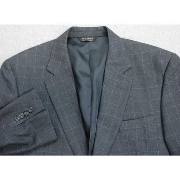 Jos A‎ Bank Blazer Mens 43R Navy Blue Windowpane Wool Silk Single Breasted