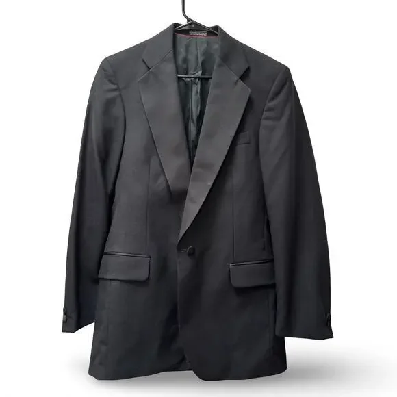 Vintage 1960’s Black Wool Tuxedo Dinner Jacket 37R One Button Hollywood Costume