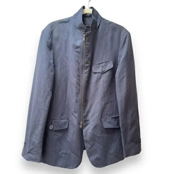John Varvatos Star USA 5 Pocket Zip Button Linen Blue PinStripe Blazer Jacket 42
