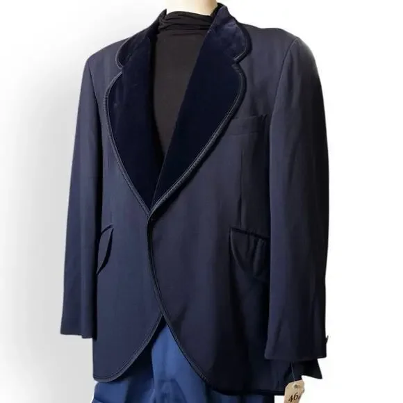 Vintage 1960s Tuxedo Jacket 46R Velvet Shawl Lapel After Six Blue Wool Prom Tux