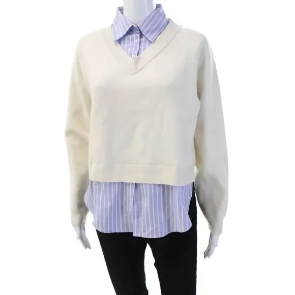 MNG Women Pullover V-Neck Button Beige 100% Cotton Long Sleeve Size S