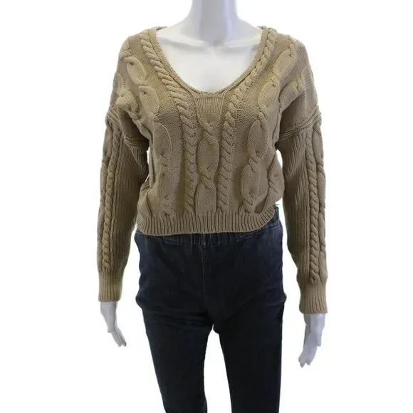 J Crew Women V-Neck Long Sleeve Pullover Sweater Beige Size S