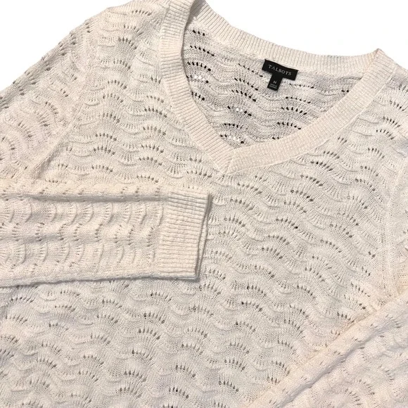 Talbots Womens Pointelle Lightweight Open Knit Sweater White‎ Cottagecore Medium