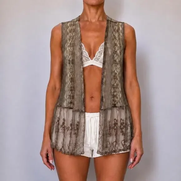 Vintage Style UMGEE Boho Chic Taupe Lace Lagenlook Mesh Vest Cardigan Size M/L