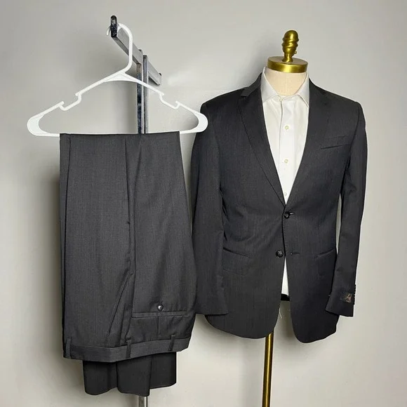 Jos.‎ A. Bank Suit Mens 37R 32x37 Brown Grey Micro Stripe Slim Fit Wool 2-Piece