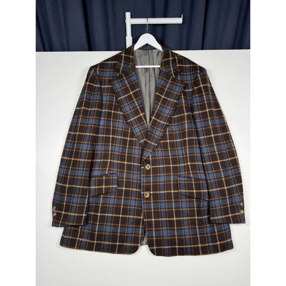 VTG 70s HARDY AMIES OF LONDON Blazer Wool Brown Blue Plaid Long L/XL (32x24.5)
