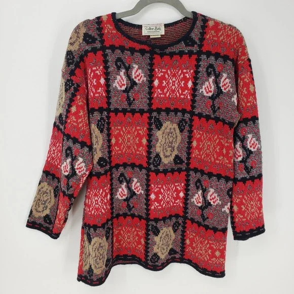 Vintage 90s Patchwork‎ Floral Knit Sweater Womens Sz L Red Geometric Grannycore