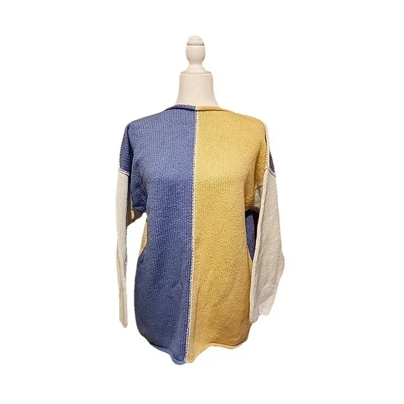 VTG Womens Boxy Pullover Sweater M Roll Neck‎ Pastel Colorblock Cottage Coastal