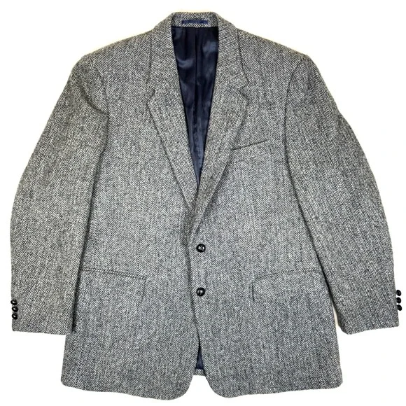 Harris Tweed Mens Grey Herringbone Pure Wool Two Button Blazer Sport Vtg Coat