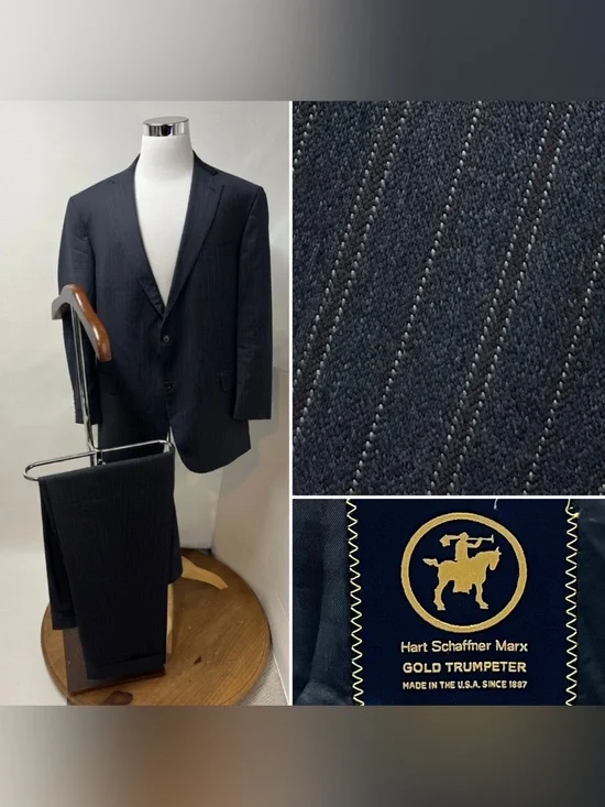 Hart Schaffner Marx Men's 48L Blazer 42x33 Pants Navy Blue Pinstripe Suit